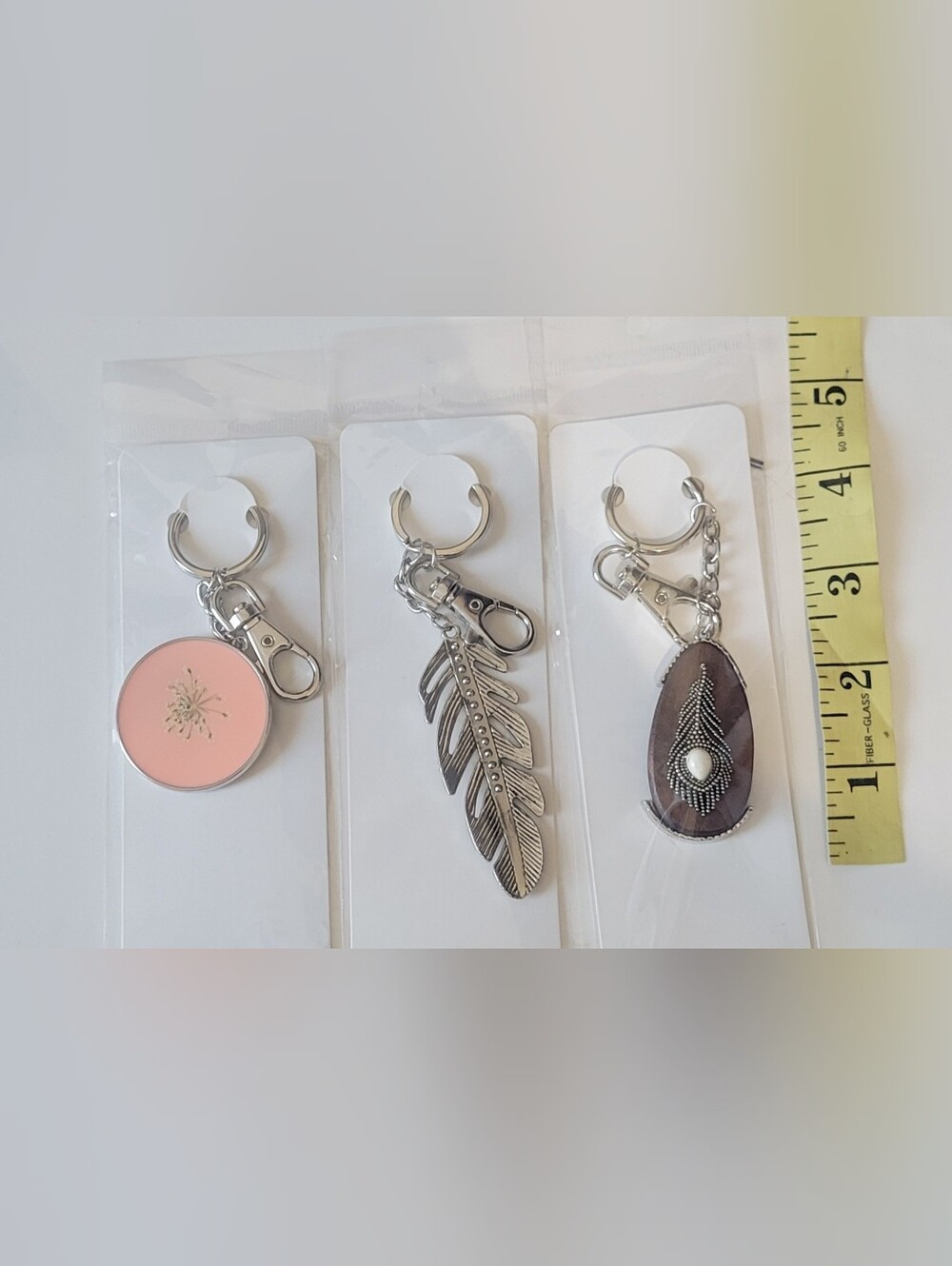 Silver Feather and Pink Dandelion Keychain Set - Set of 3